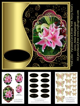 Pink Lilies Pyramid Card Front with Wavy Panel 1