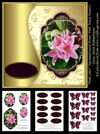 Pink Lilies Pyramid Card Front with Wavy Panel 2