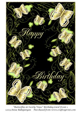 Butterflies & Swirly Vines Birthday Card Front 1