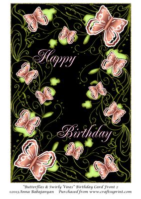 Butterflies & Swirly Vines Birthday Card Front 2
