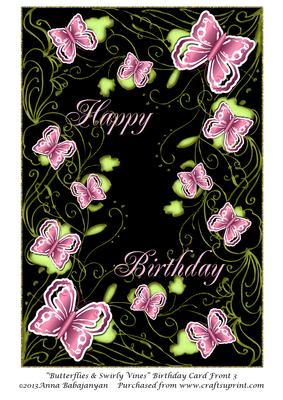 Butterflies & Swirly Vines Birthday Card Front 3