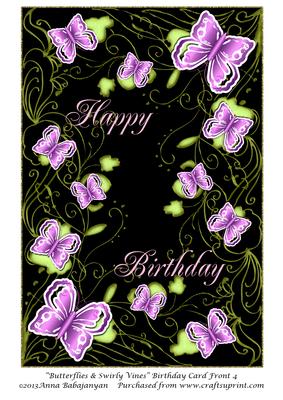 Butterflies & Swirly Vines Birthday Card Front 4