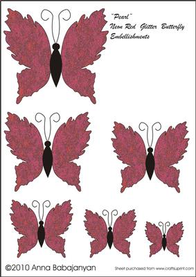 Pearl Neon Red Glitter Butterfly Embellishments