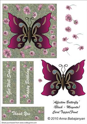 Affection Butterfly (black Magenta) Card Topper/front