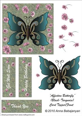 Affection Butterfly (black Turquoise) Card Topper/front