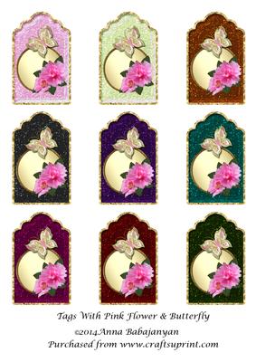 Tags with Pink Flower & Butterfly