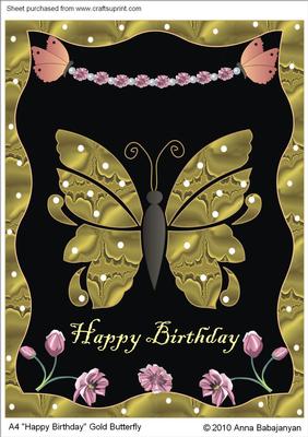 A4 Happy Birthday Gold Butterfly