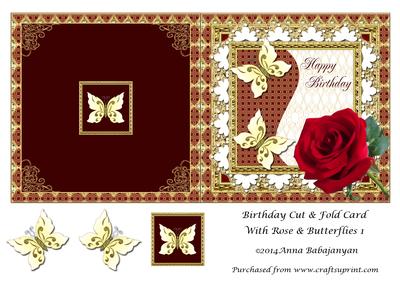 Birthday Cut & Fold Card with Rose & Butterflies 1