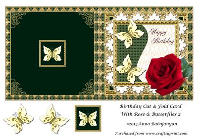 Birthday Cut & Fold Card with Rose & Butterflies 2