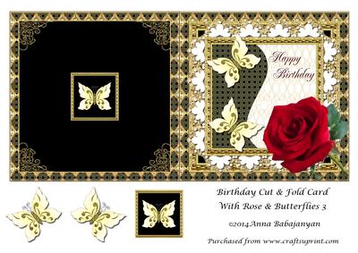 Birthday Cut & Fold Card with Rose & Butterflies 3