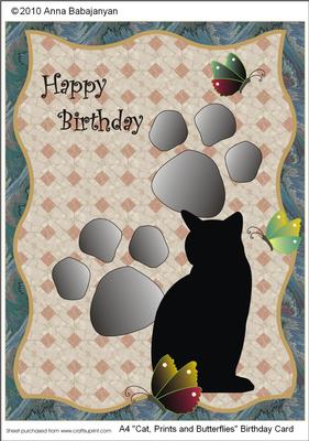 A4 "cat, Prints and Butterflies" Birthday Card