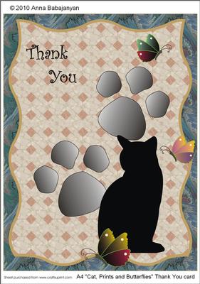 A4 Cat, Prints and Butterflies Thank You Card
