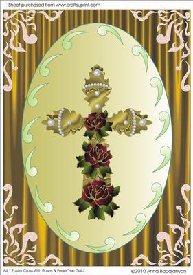 A4 "easter Cross with Roses & Pearls" on Gold