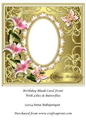 Birthday Blank Card Front with Lilies & Butterflies