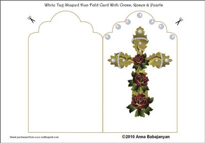 White Tag Shaped Duo Fold Card with Cross, Roses & Pearls