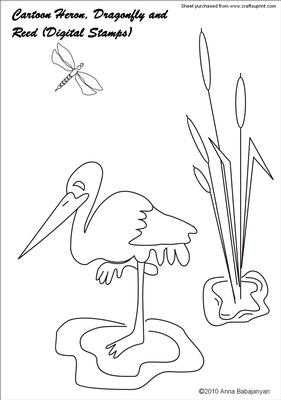 Cartoon Heron, Dragonfly and Reed Digital Stamps