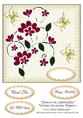 Flowers & 3 Butterflies Various Occasions Topper 1