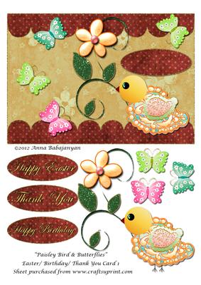 Paisley Bird & Butterflies Easter/ Birthday/ Thank You Car