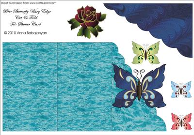 Blue Butterfly Wavy Edge Cut & Fold Tri-shutter Card
