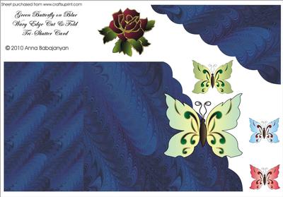 Green Butterfly on Blue Wavy Edge Cut & Fold Tri-shutter