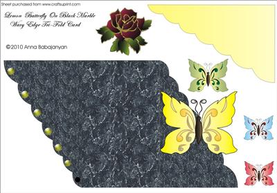 Lemon Butterfly on Black Marble Wavy Edge Tri-fold Card