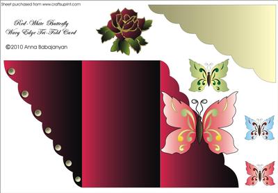 Red-white Butterfly Wavy Edge Tri-fold Card