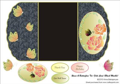 Roses & Butterflies Tri-fold Card (black Marble)
