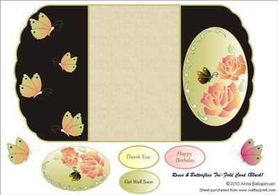 Roses & Butterflies Tri-fold Card ( Black)
