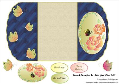 Roses & Butterflies Tri-fold Card (blue Silk)