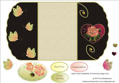 Heart,rose & Butterflies Tri-fold Wavy Edge Card