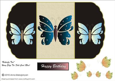 Butterfly Trio Wavy Edge Tri-fold Card (blue)