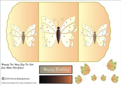 Butterfly Trio Wavy Edge Tri-fold Card (white Pale Yellow)