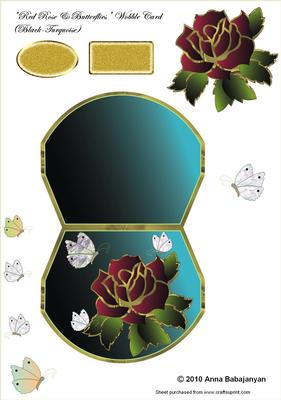 Red Rose & Butterflies Wobble Card (black-turquoise)