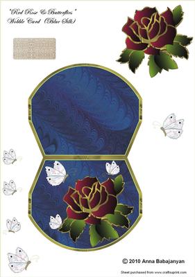 Red Rose & Butterflies Wobble Card (blue Silk)