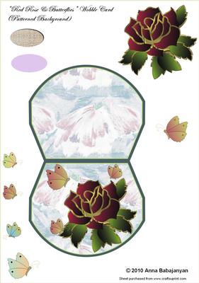 Red Rose & Butterflies Wobble Card (patterned Background)