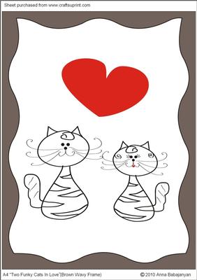 A4 "two Funky Cats in Love" (brown Wavy Frame)