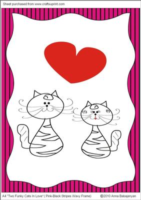 A4 "two Funky Cats in Love" (pink-black Stripes Wavy Frame)