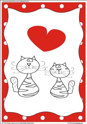 A4 "two Funky Cats in Love" (red White Polka Dots)