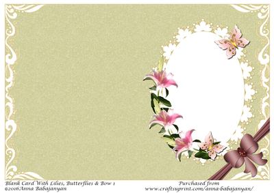 Blank Card with Lilies, Butterflies & Bow 1