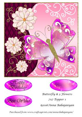 Butterfly & 3 Flowers 7x7 Topper 1