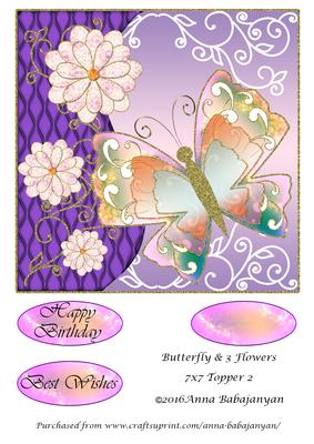 Butterfly & 3 Flowers 7x7 Topper 2