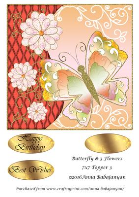 Butterfly & 3 Flowers 7x7 Topper 3