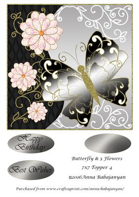 Butterfly & 3 Flowers 7x7 Topper 4