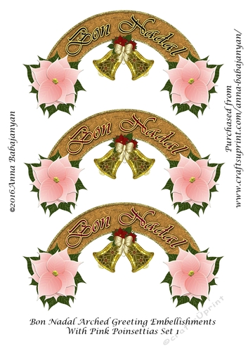 Bon Nadal Arched Greeting Embellishments With Pink Poinsettias Set 1