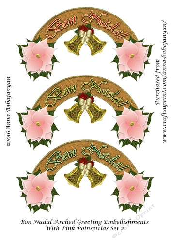 Bon Nadal Arched Greeting Embellishments With Pink Poinsettias Set 2