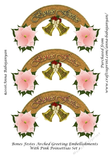 Bones Festes Arched Greeting Embellishments With Pink Poinsettias Set 1