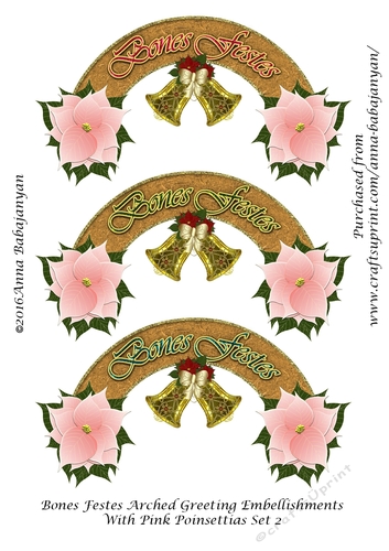 Bones Festes Arched Greeting Embellishments With Pink Poinsettias Set 2