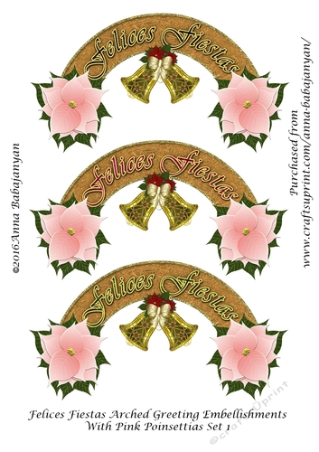 Felices Fiestas Arched Greeting Embellishments With Pink Poinsettias Set 1