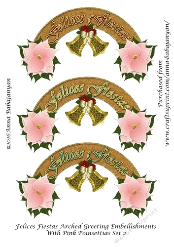 Felices Fiestas Arched Greeting Embellishments With Pink Poinsettias Set 2