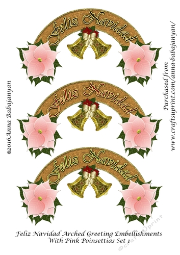 Feliz Navidad Arched Greeting Embellishments With Pink Poinsettias Set 1